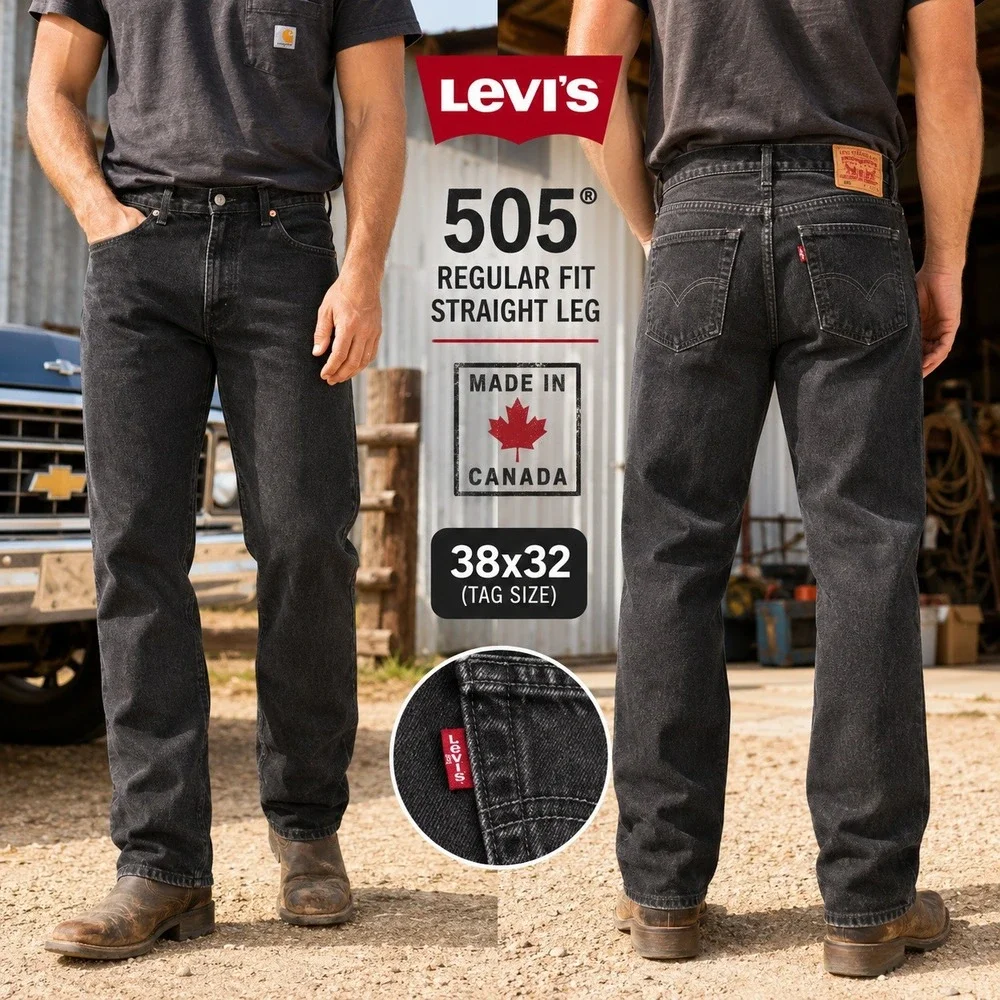 Levis 505 Mens Black Denim‎ Jeans 38x32 Y2k 2001 Regular Fit Straight Leg Canada